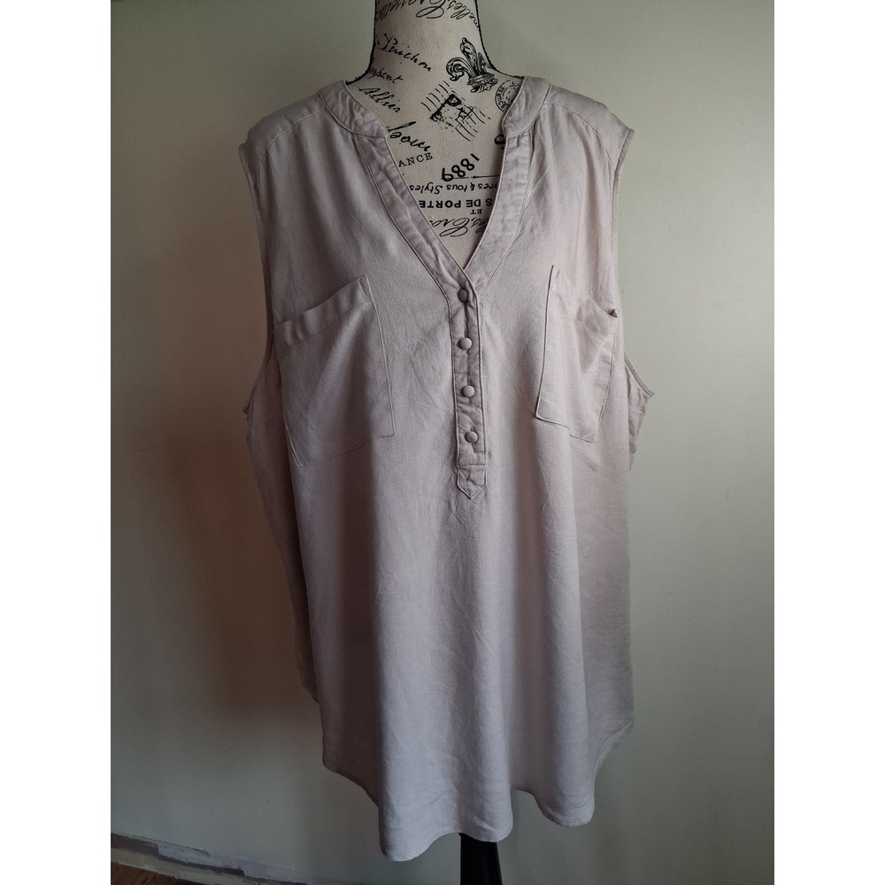 Torrid Womens Plus 3 3X Beige Linen Blend Sleeveless Henley Tunic Pocket Top
